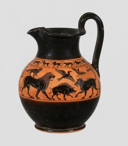 Pichet Bestiaire Antique Pichet en terre cuite à bec verseur, décor noir : frise d'animaux et de sphinx, col émaillé noir.