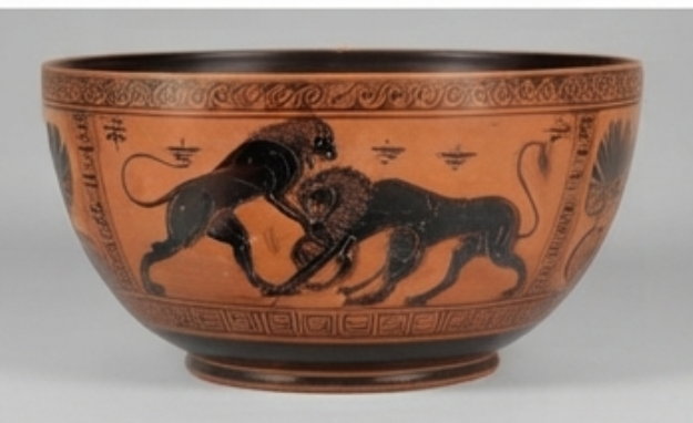 Bol Lions Affrontés Bol en terre cuite à décor noir : deux lions affrontés, frises de rinceaux et de méandres.