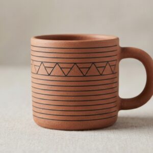 Mug en terre cuite à décor géométrique : fines lignes noires et frise de triangles.