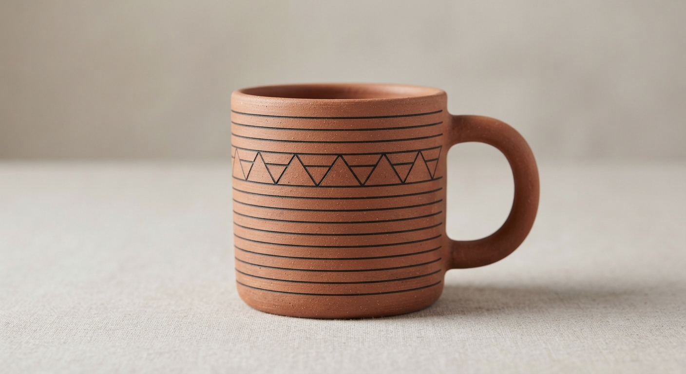 Mug Frise Géométrique Mug en terre cuite à décor géométrique : fines lignes noires et frise de triangles.