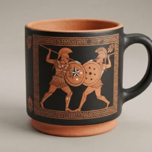 Mug noir mat à décor cuivre : deux guerriers grecs en duel, bordure de méandre.