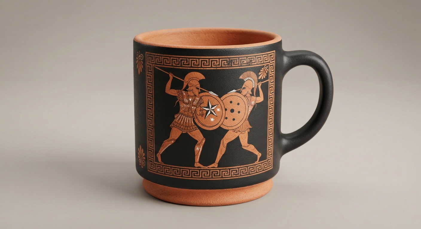 Mug Duel des Héros Mug noir mat à décor cuivre : deux guerriers grecs en duel, bordure de méandre.