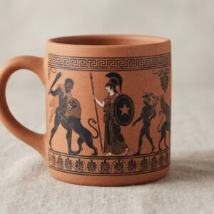 Mug en terre cuite orné d'une frise noire : Athéna, Héraclès et le lion de Némée.