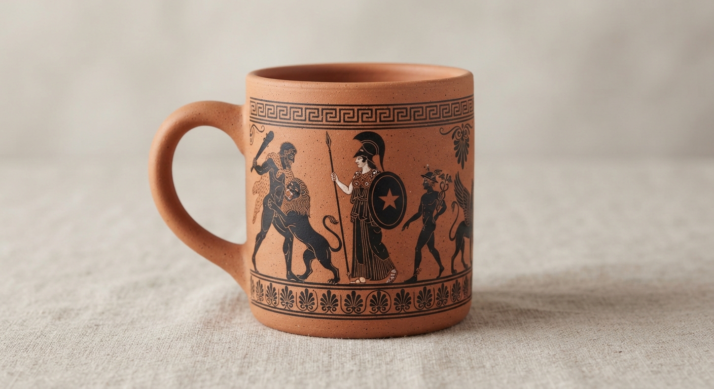 Mug Frise Olympienne Mug en terre cuite orné d'une frise noire : Athéna, Héraclès et le lion de Némée.