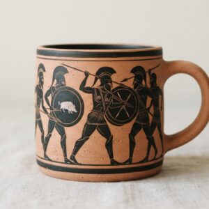Mug en terre cuite à frise de guerriers hoplites noirs marchant avec lances et boucliers