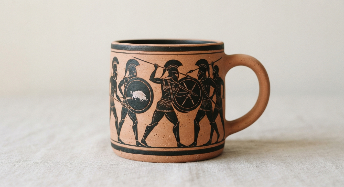 Mug Phalange Antique Mug en terre cuite à frise de guerriers hoplites noirs marchant avec lances et boucliers