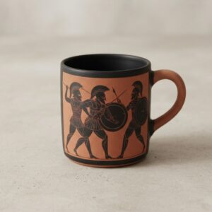 Mug en terre cuite à frise noire : trois guerriers hoplites au combat avec lances et boucliers.