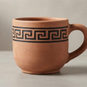 Petite tasse en terre cuite ventrue, ornée d'une frise de méandre grec noir sous le rebord.