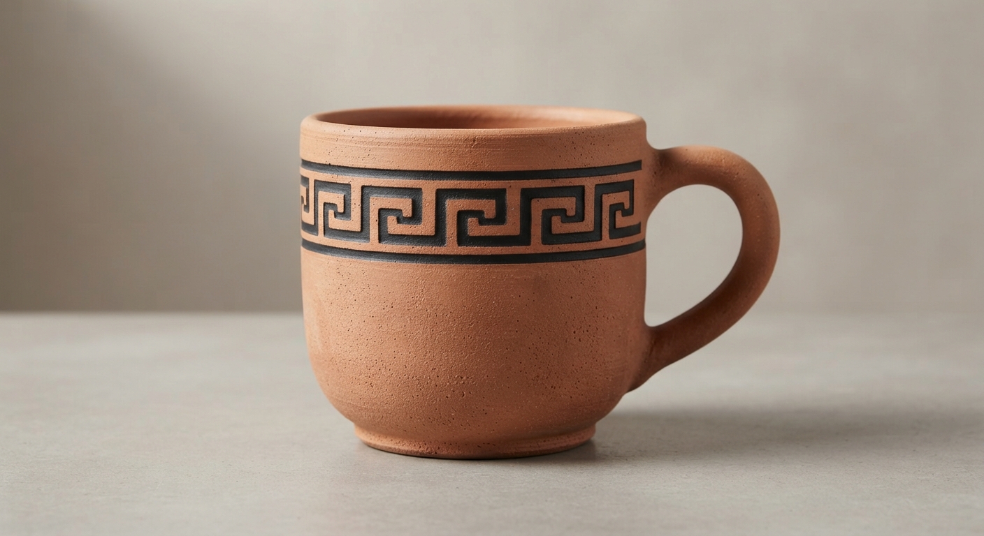 Tasse Méandre Grec Petite tasse en terre cuite ventrue, ornée d'une frise de méandre grec noir sous le rebord.
