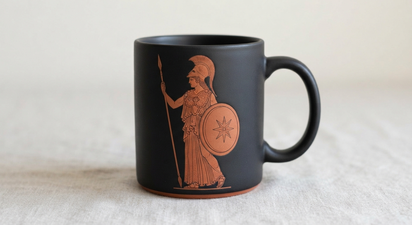 Mug Athéna Mug noir mat à décor cuivre : la déesse Athéna casquée, tenant lance et bouclier étoilé.
