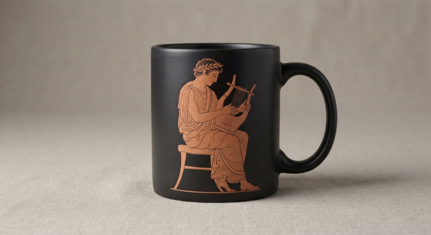 Mug L'Aède Mug noir mat à décor cuivre : un aède couronné de laurier, assis, jouant de la lyre.