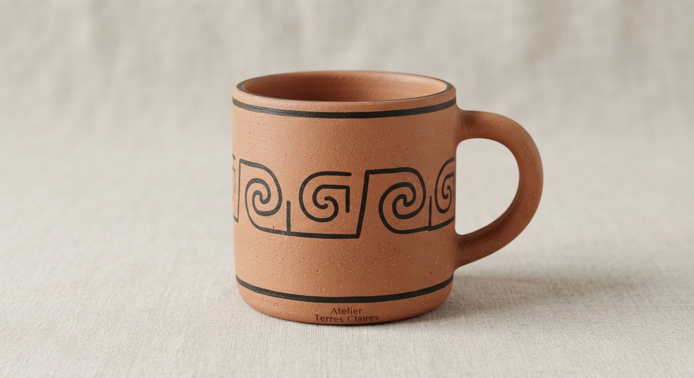 Mug Spirales Antiques Mug en terre cuite à frise de spirales grecques noires, signé Atelier Terres Claires près du pied.